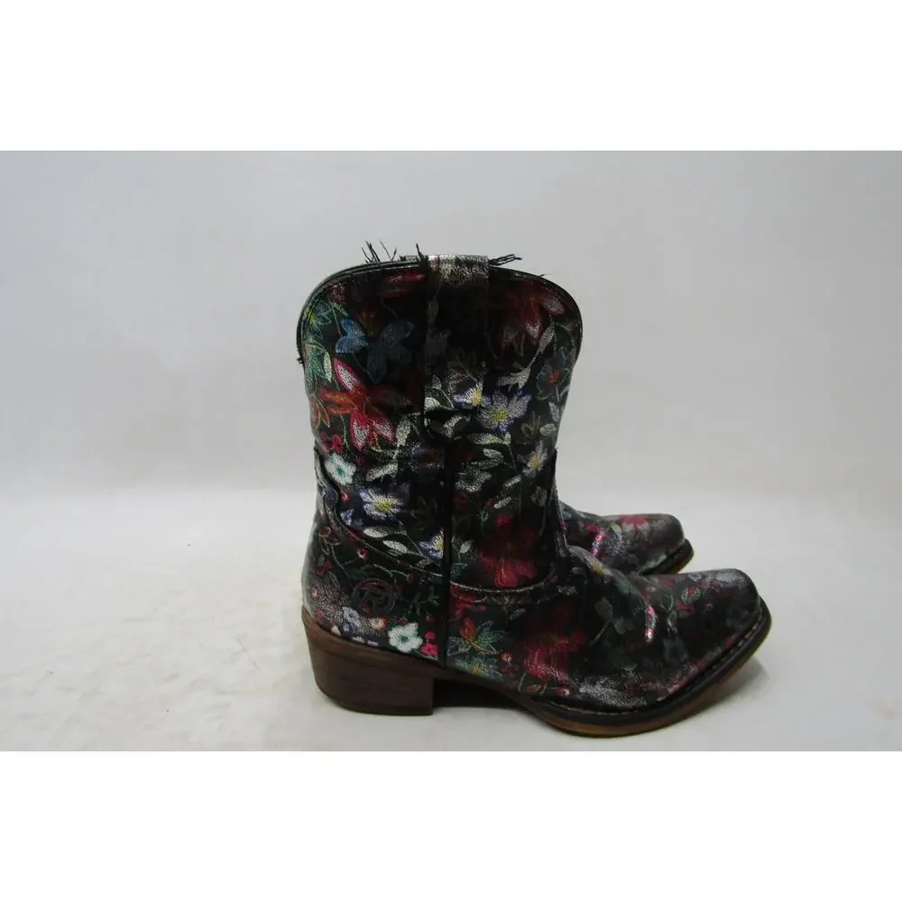 Roper Brand Youth Size 6 M Black Leather Floral Cowboy Western Boots